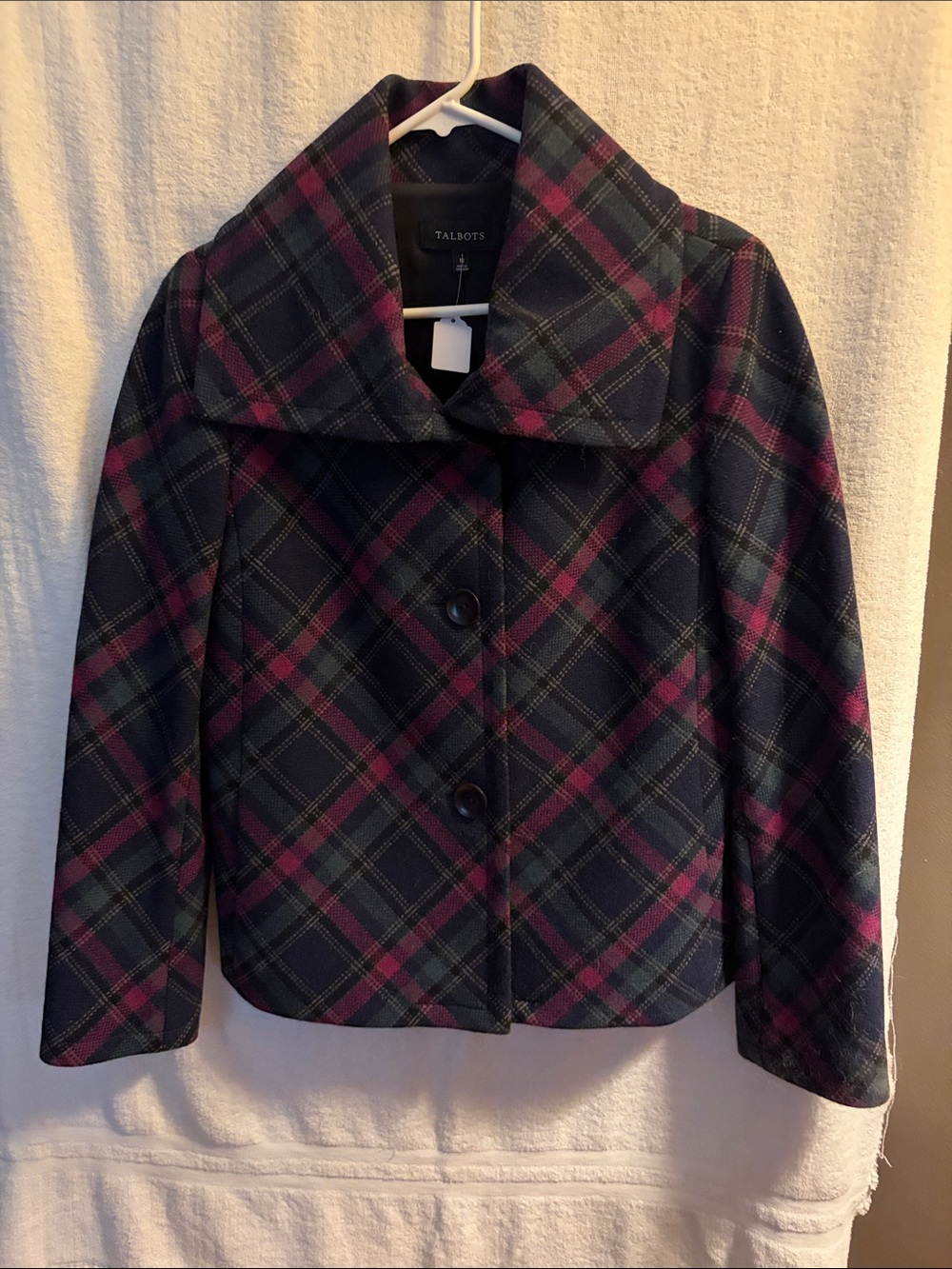 Talbots Navy and Burgundy Plaid Short Wool Jacket